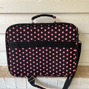Black and Pink Polka Dot Laptop Bag. Multiple pockets/ inside and out.